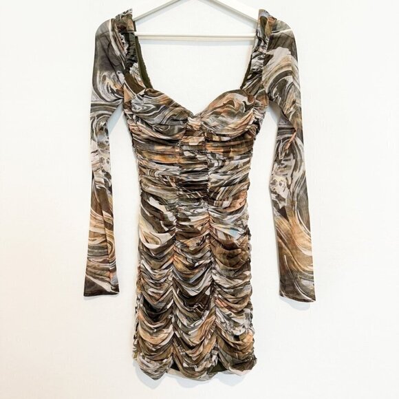 Zara Mesh Long Sleeve Ruched Marble Print Bodycon Mini Dress Stretchy Size XS - Picture 2 of 11